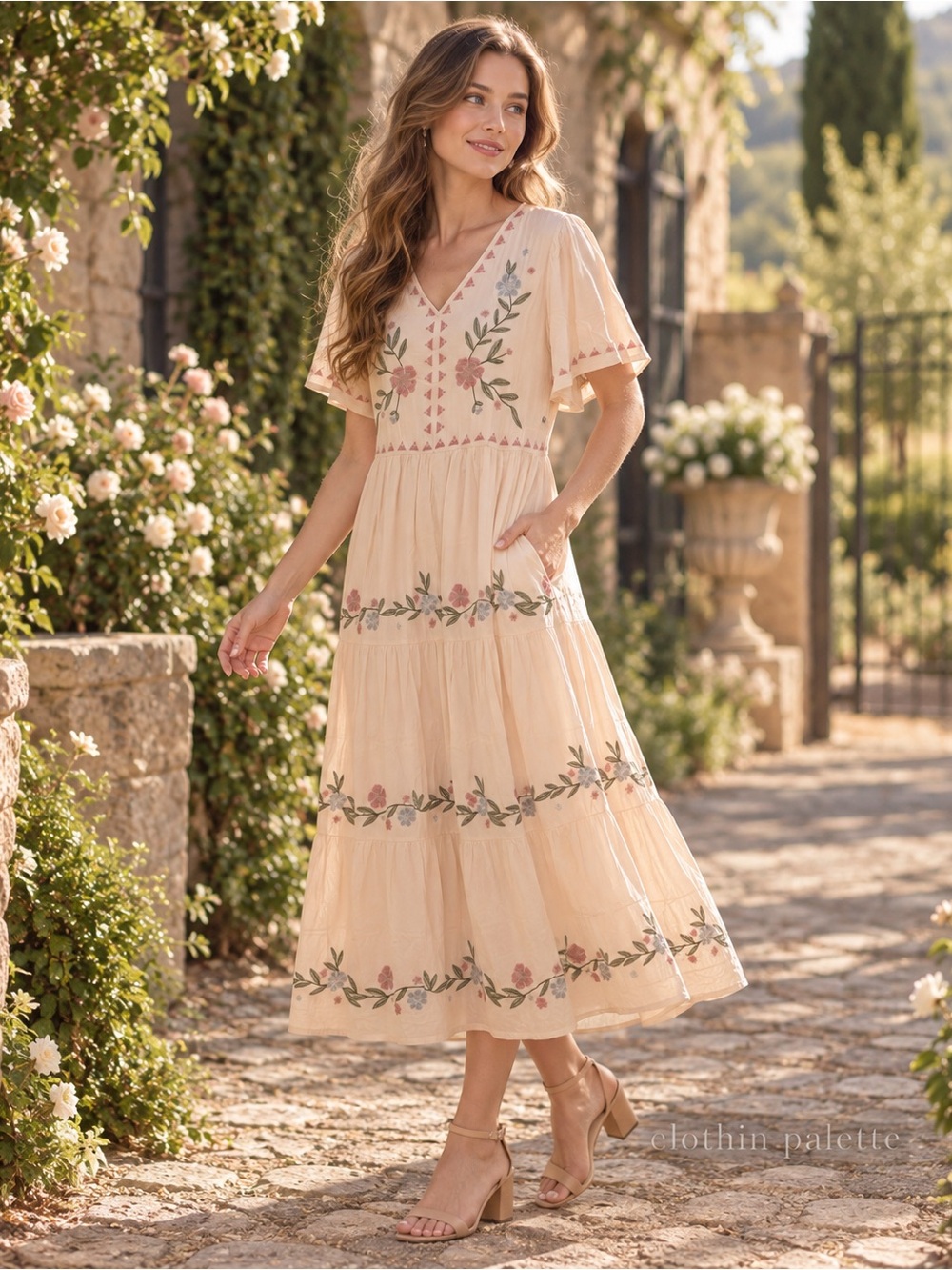 NWT Tea N Rose Ivory Floral Embroidered Tiered Midi Dress Pockets M